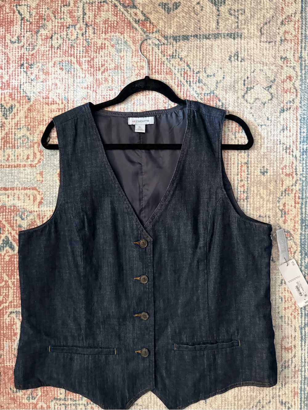 Liz Claiborne Denim Vest Dark Wash V-Neck Button Front XL